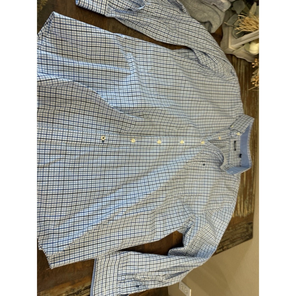 IZOD Shirt Mens 2XL XXL Blue Green Plaid Long Sleeve Classic Casual Button Down